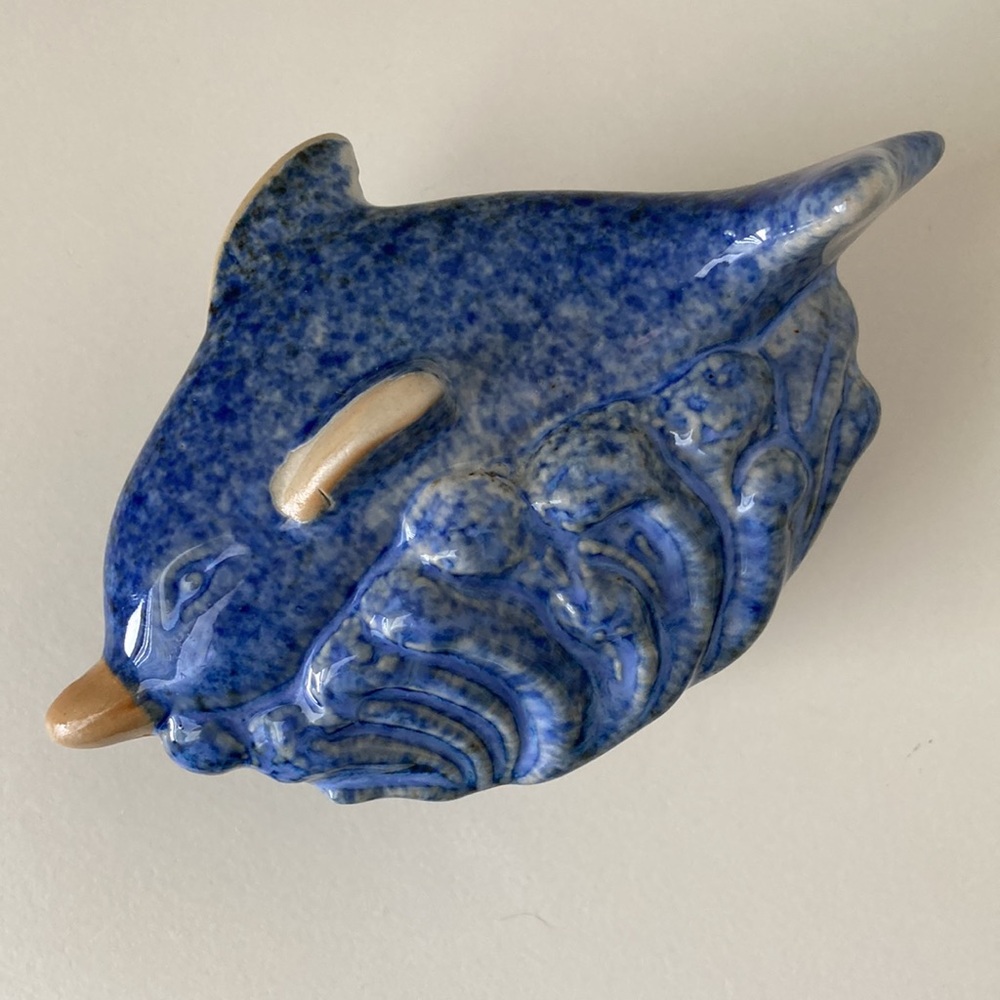 Blue Dolphin on Waves Small Pottery Trinket Dish with Lid Ceramic Jewelry Box